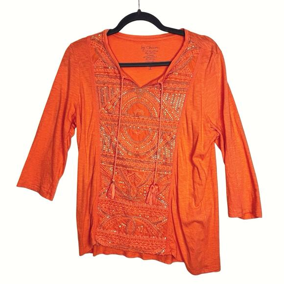 Chico's Top Women's 1 Boho Orange Embroidery Sequins Boho - Picture 4 of 4